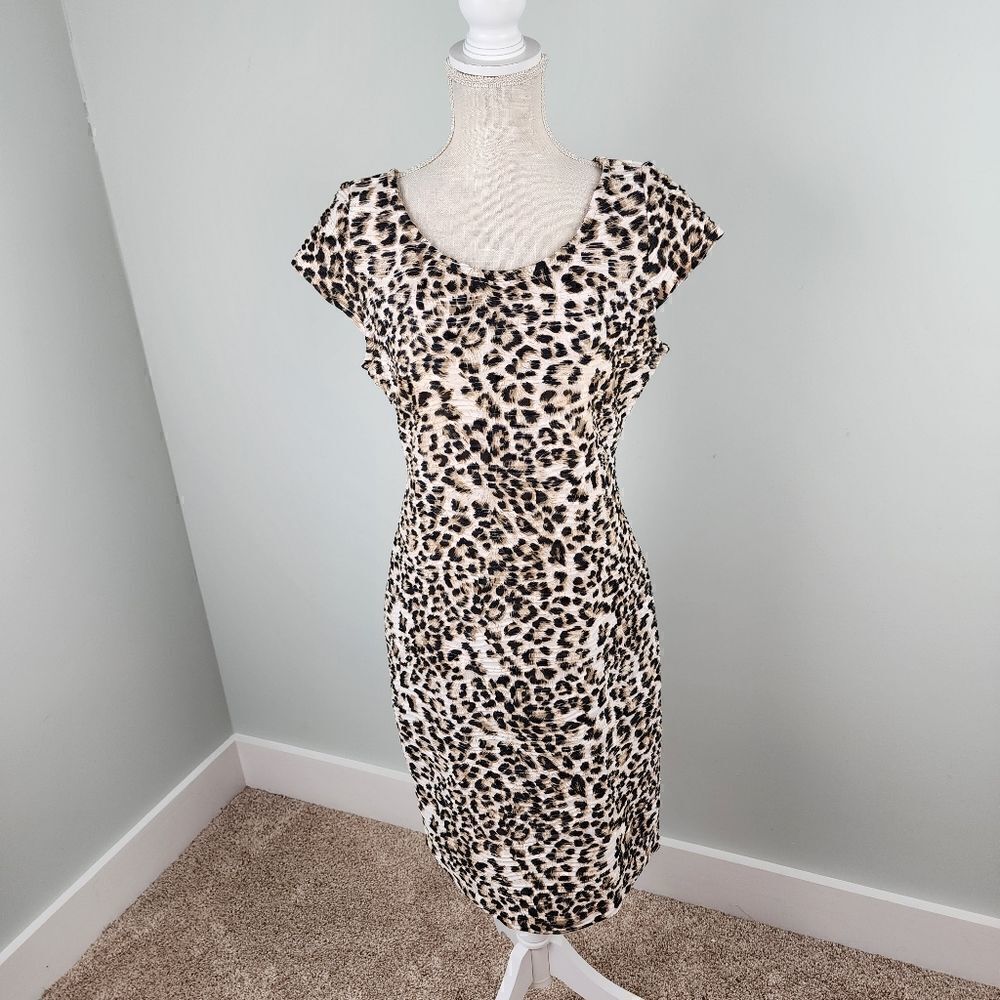 Sharagano Sheath Capped Sleeve Animal Print Bodycon Midi Dress Size 8